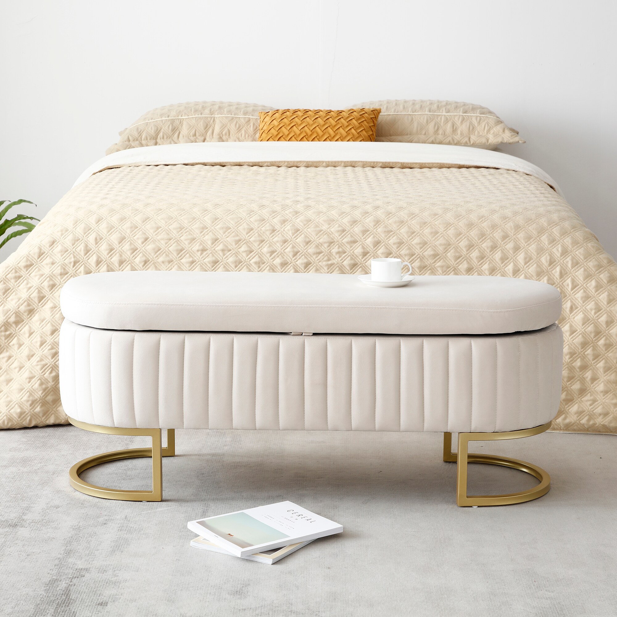 Storage Bench Bedroom Bench, Velvet Oval Upholstered Bed Bench With Golden Metal Legs,Storage Ottoman Bench For Bedroom, Living Room,Entryway,Beige_voghion.com